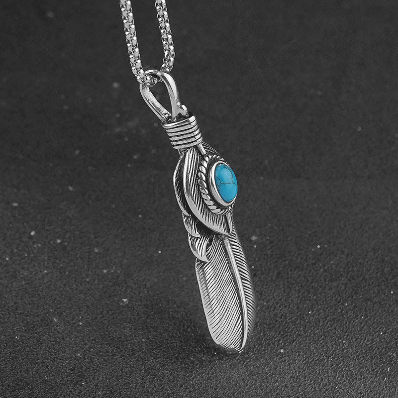 New Takahashi Goro Feather Stainless Steel Men's Necklace Vintage Inlaid Turquoise Titanium Steel Pendant Direct Manufacturer
