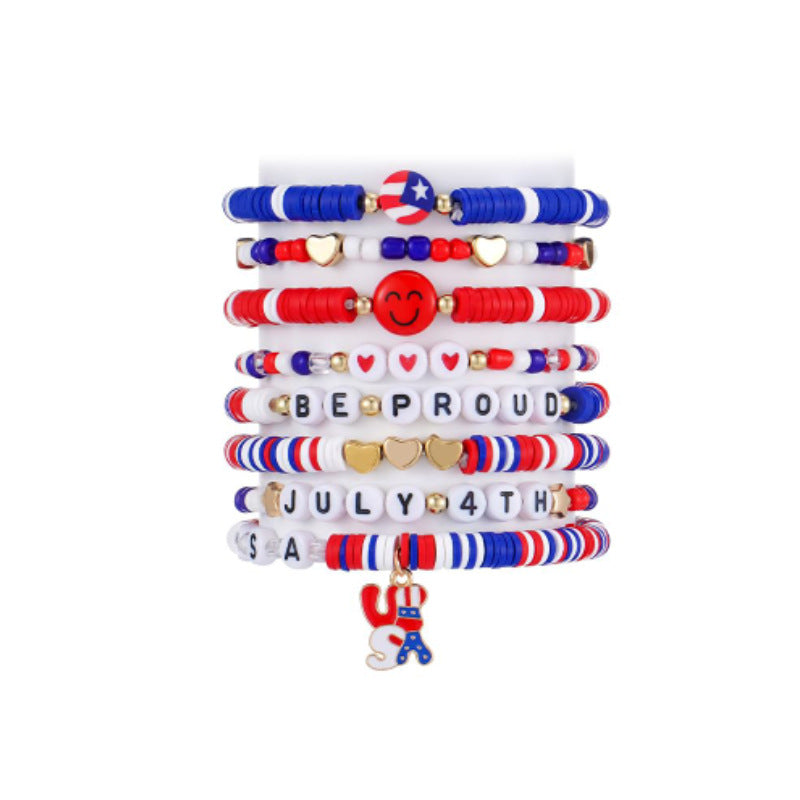 Alphabet Soft Clay Bracelet Women's Gift Freedom and Happiness Red White Blue Eight-piece Set European and American Independence Day Soft Clay Bracelet