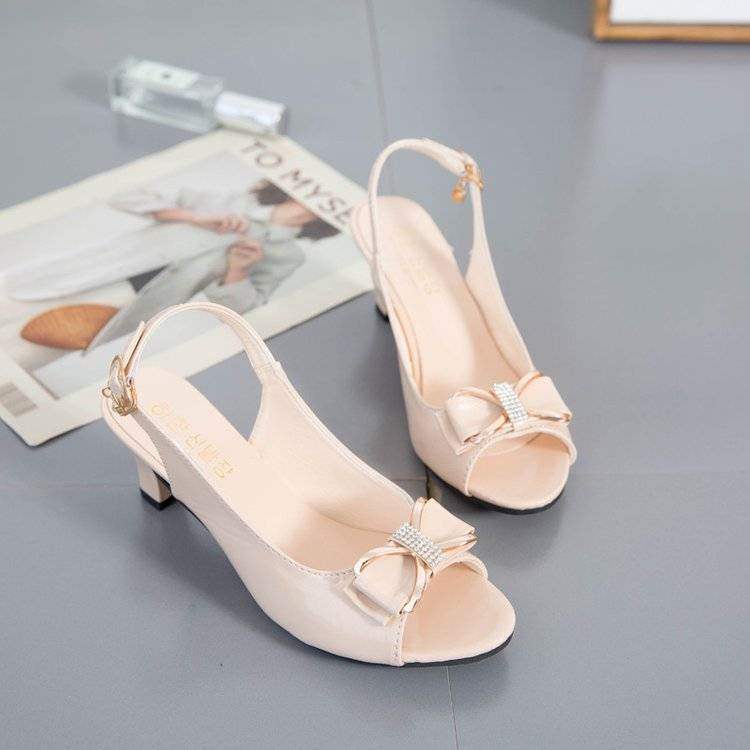 35-44 plus Size Women's Shoes42Fish Mouth Sandals Women Thick Heel Rhinestone Bow Buckle Strap Summer Women Shoes High Heels43