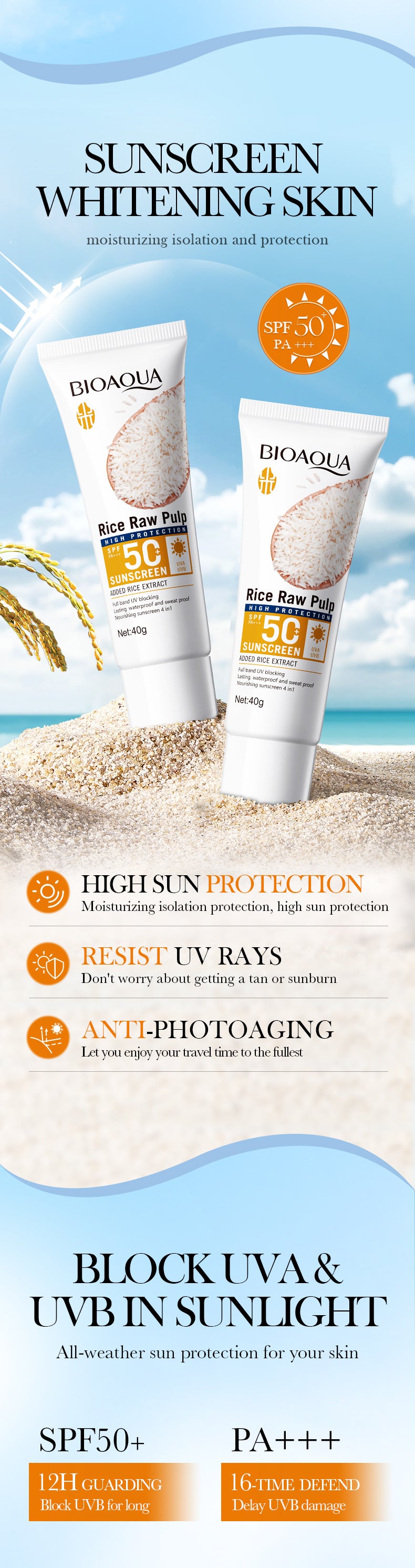 BIOAOUA Rice Puree Sunscreen Moisturizing Care2Set of Isolation Sunscreen Cream  Wholesale