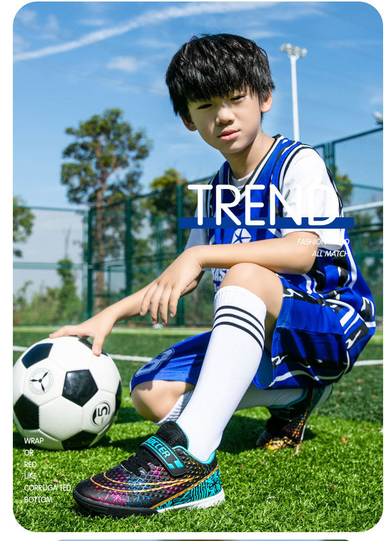 New Football Shoes for Men and Women, Children's Low-top Anti-collision Spike Magic Tape No-tie Grass Training Sports Shoes