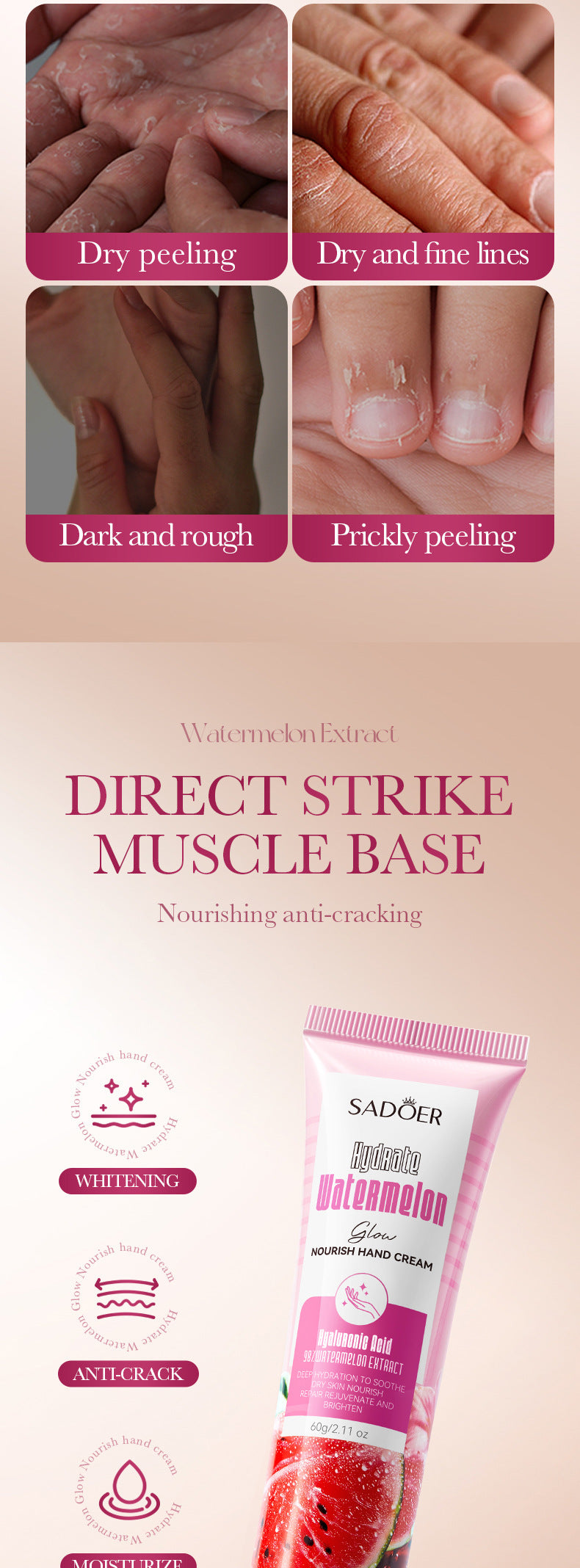 Niacinamide Watermelon Hand Cream SADOER Hydrating and Nourishing Autumn and Winter Hand Cream Cross-Border Foreign Trade Wholesale