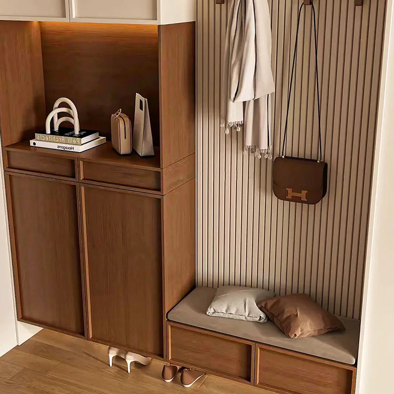 Meikexin French Style Solid Wood Entryway Shoe Rack and Coat Rack with Shoe Changing Stool, Multi-Functional Integrated Wall-Mounted Whole House Customization System