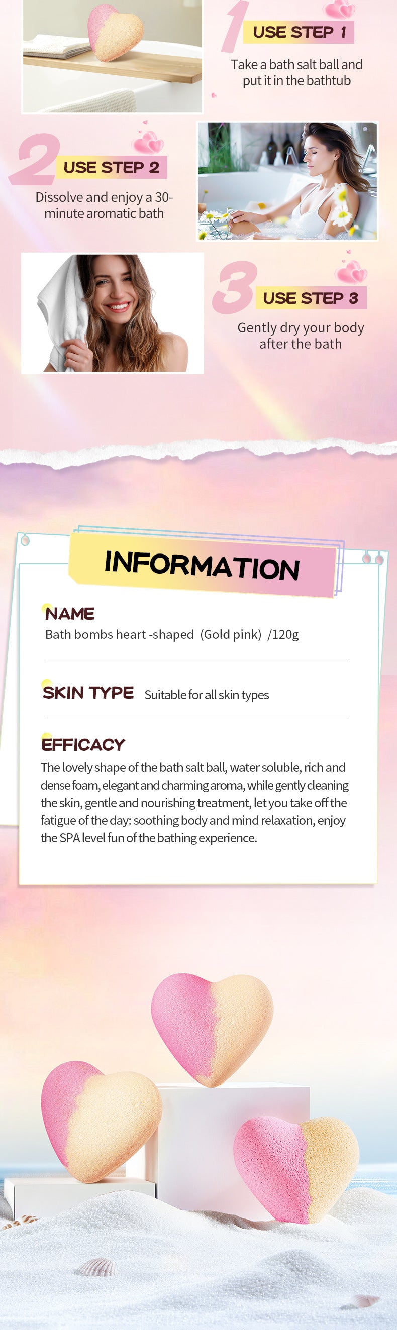 Cross-border Heart-shaped Bath Bomb120g  Deep Cleansing Body Bath Bath Salts Export Manufacturer Wholesale