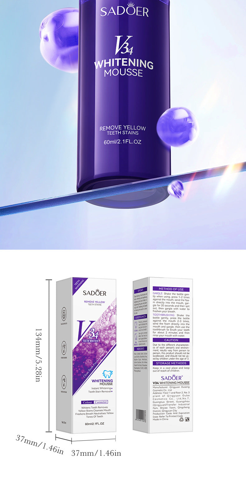 V34Whitening Foam Toothpaste SADOER Clean Teeth Clean Mousse Cross-Border Foreign Trade Wholesale