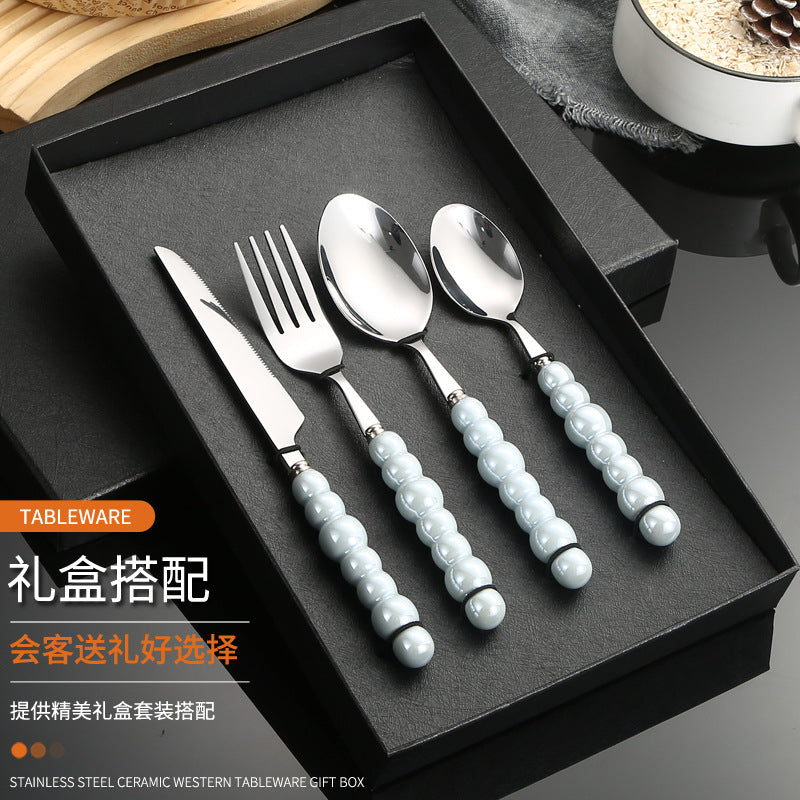 Stainless Steel Tableware Hotel Restaurant Pearl Ceramic Handle Knife Fork Spoon4Set of Western Steak Cutlery