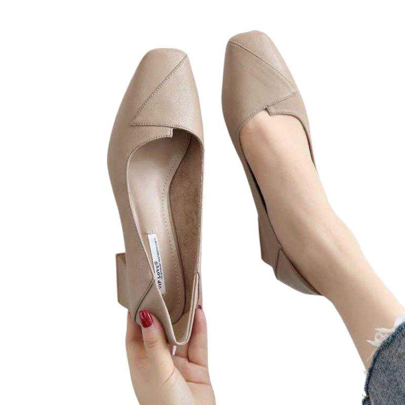 Real Soft Leather Autumn New Style Women's Single Shoes Thick Heel Shallow Mouth High Heels Korean Style Mom Shoes Mid Heel Versatile Grandma Shoes