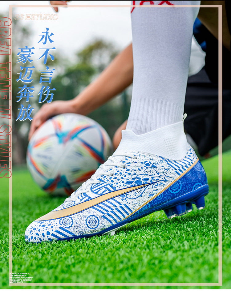 World Cup Same Style Blue and White Porcelain High-top Soccer Shoes for Men and Women, Children and Youth Competition Training Shoes