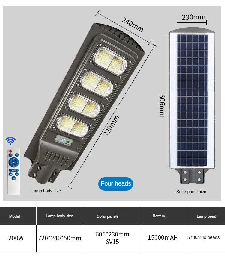 Integrated solar street light with human body induction for outdoor garden, automatic lighting, IP65 waterproof.