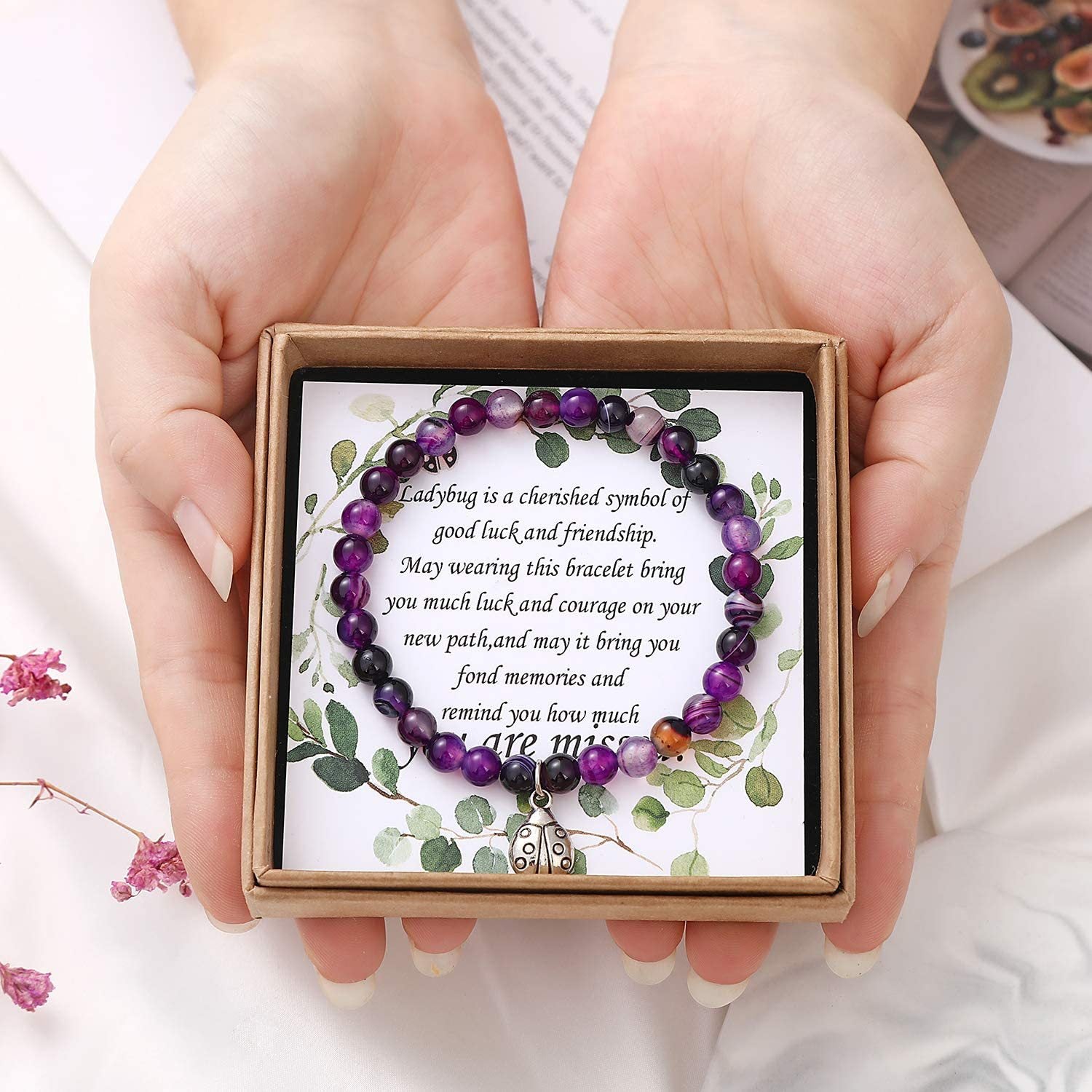 Women's Tianhe Stone Ladybug Bracelet6mm Beaded Pink Quartz Lapis Lazuli Jewelry Bracelet Purple Agate Seven-Star Ladybug Bracelet