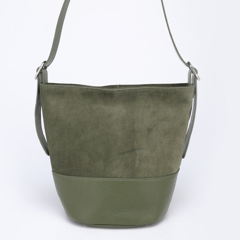 European and American Style Matte Single Shoulder Crossbody Bag for Women, Large Capacity Genuine Leather Fashion Versatile Color-Block Handbag Bucket Bag Underarm Bag for Women