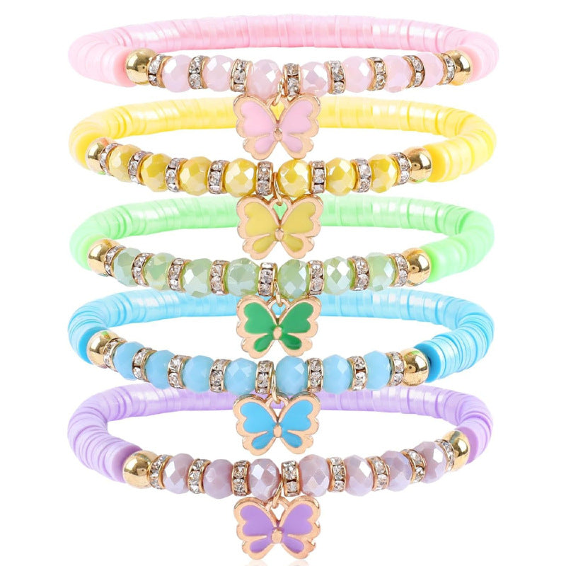 Butterfly Pendant Soft Clay Bracelet Set for Women Bohemian Spacer Flower Macaron Color Soft Clay Bracelet