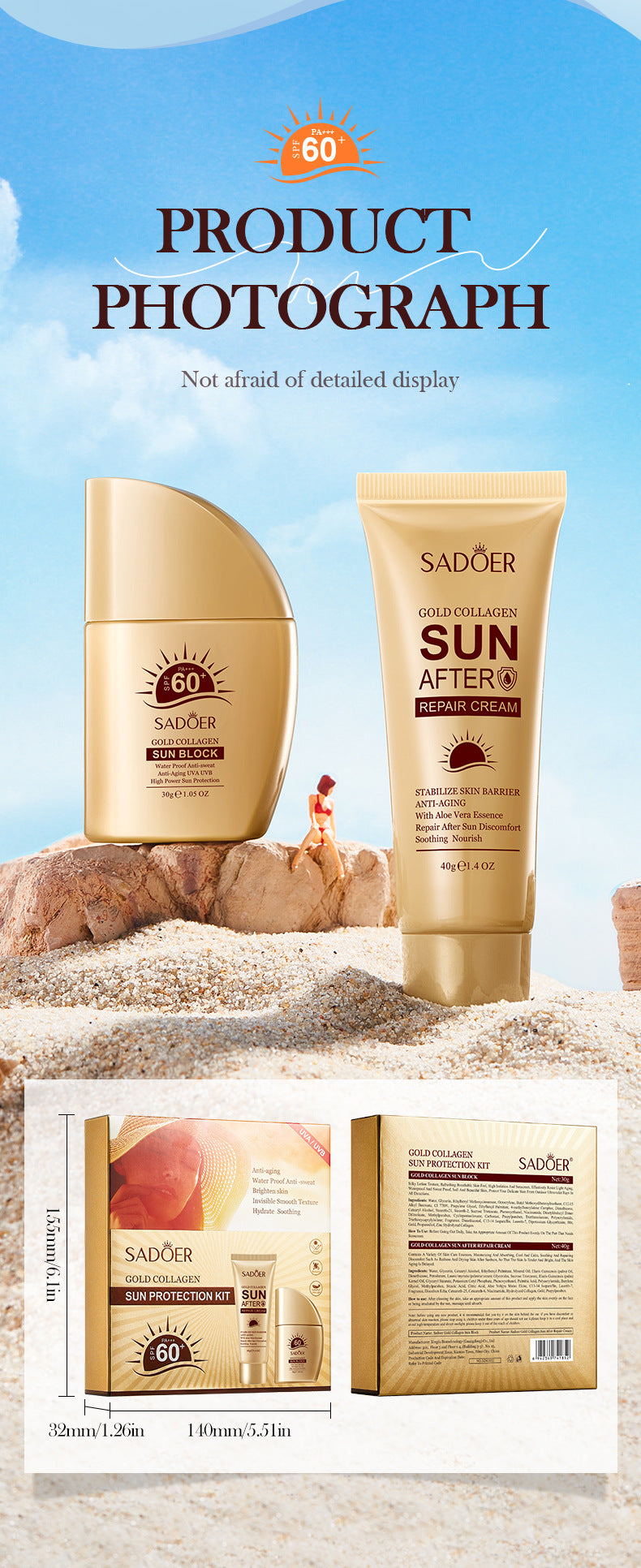 Full English Sunscreen Set SADOER Golden Collagen SPF60+Protective Suit  Wholesale