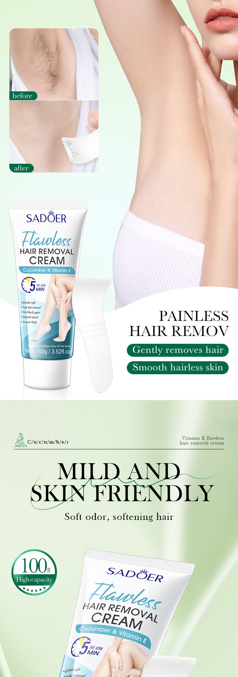 Plant VE Depilatory cream100g SADOER Smooth and Gentle Underarm Hair Removal Cream Cross-Border Wholesale