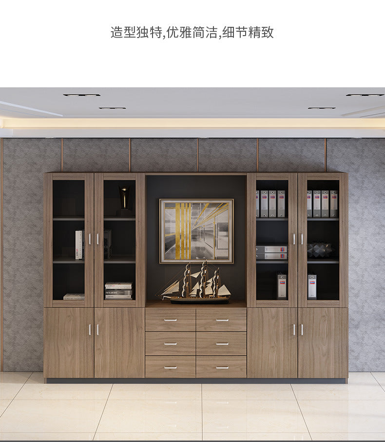 Wooden File Cabinet Office Bookshelf Boss Desk Background Cabinet Drawer-Type Office Document Cabinet Glass Door High Cabinet