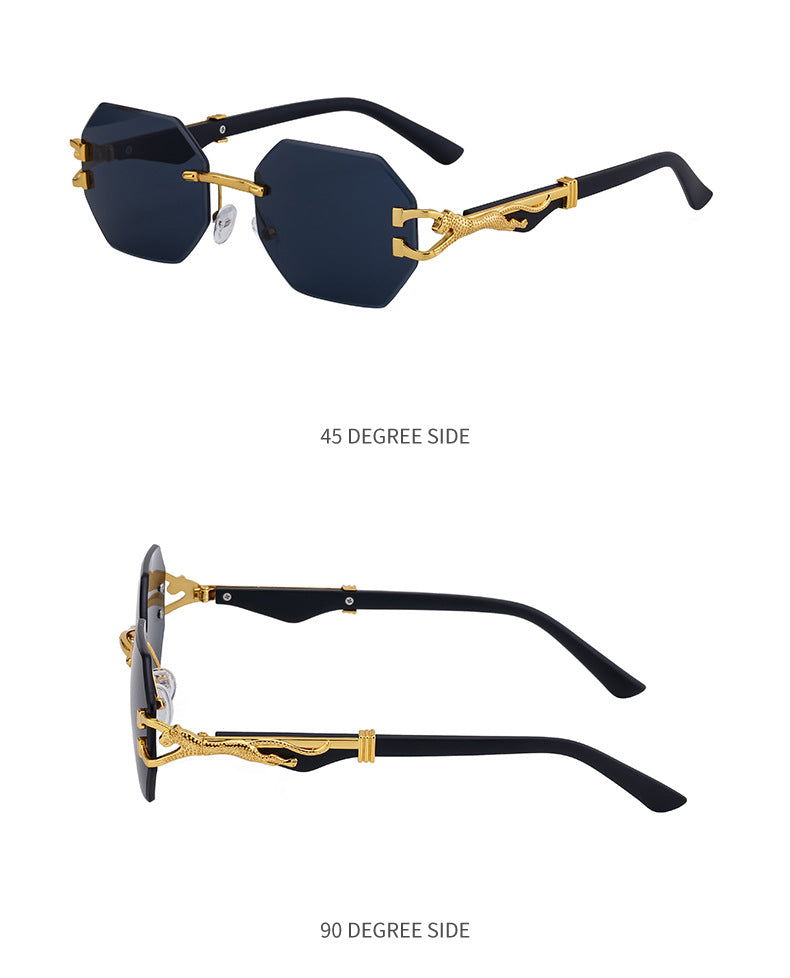 New European and American Retro Frameless Sunglasses for Men with Imitation Wood Grain Temples Wholesale Glasses shades
