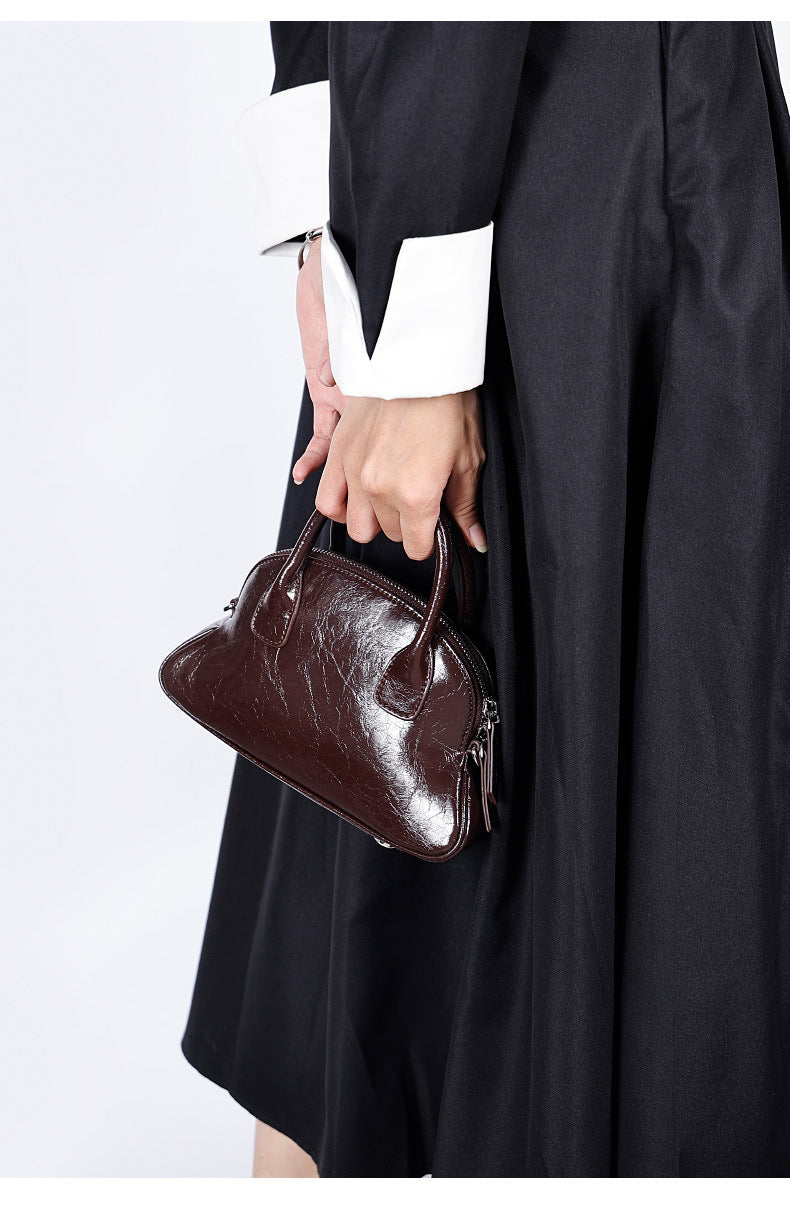 Korean Style Niche Design Spring Summer New Handbag Retro Sweet Oil Wax Leather Fashion Women's Bag Single Shoulder Crossbody Bag