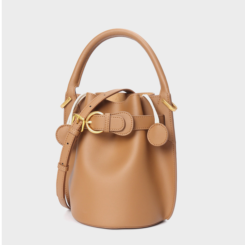 Frosted Leather Bucket Bag Genuine Leather Korean Style Versatile Niche Design Light Luxury Handbag Single Shoulder Crossbody Women's Bag Large Capacity