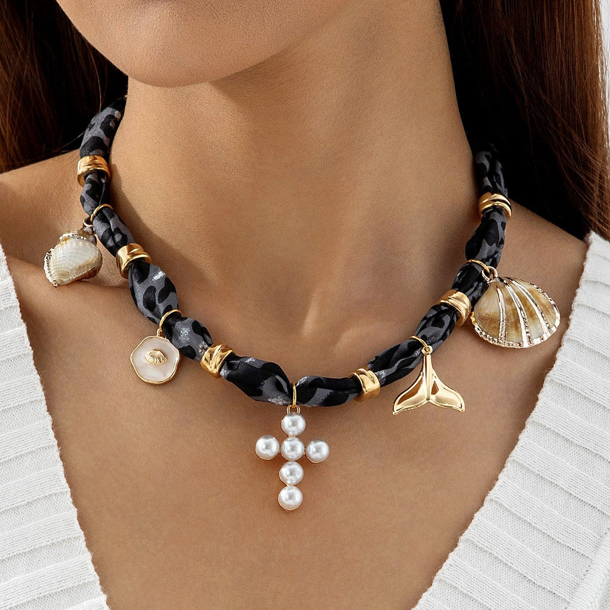 European and American Style Ocean-themed Cross Conch Starfish Pendant Leopard Print Exaggerated Necklace Collarbone Chain Jewelry