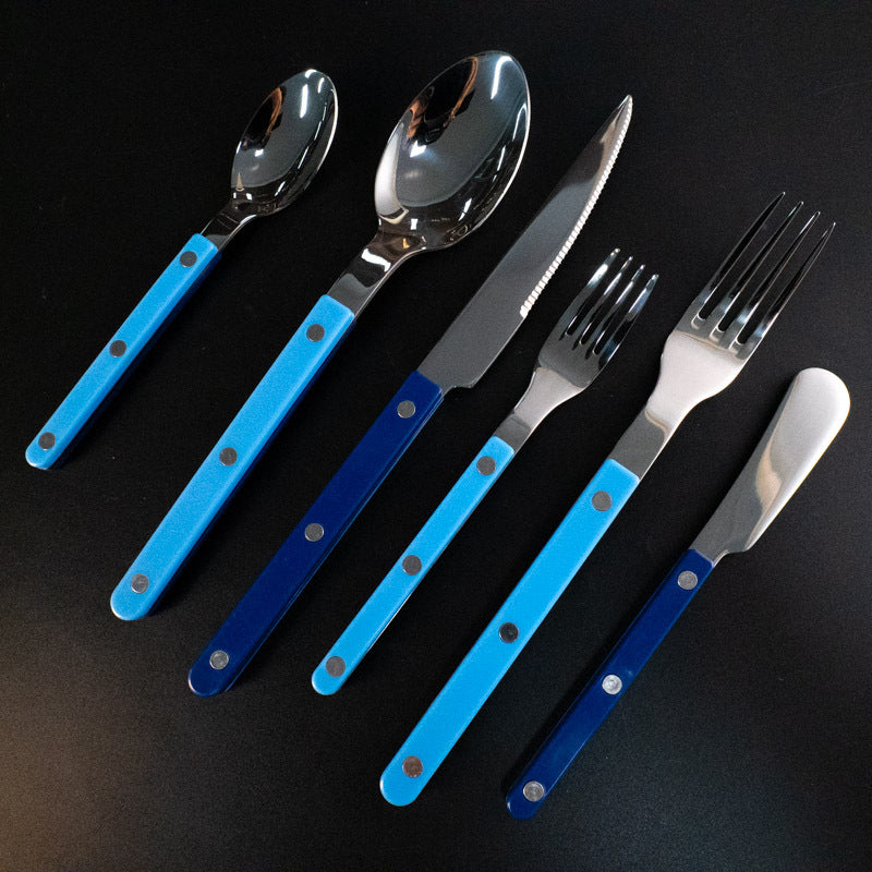 304Mirror Finish Western Tableware Set Color Block Two-Tone Handle Butter Knife Fork Spoon Clip Handle Steak Dessert Spoon Fork