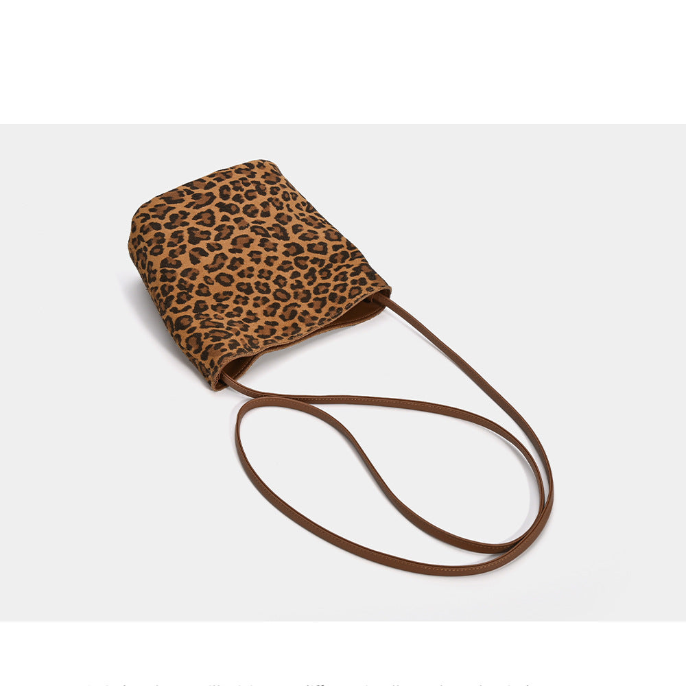 Leopard Print Genuine Leather Bucket Bag Niche Women's Bag Autumn Winter New Versatile High-end Soft Cowhide Single Shoulder Crossbody Bag