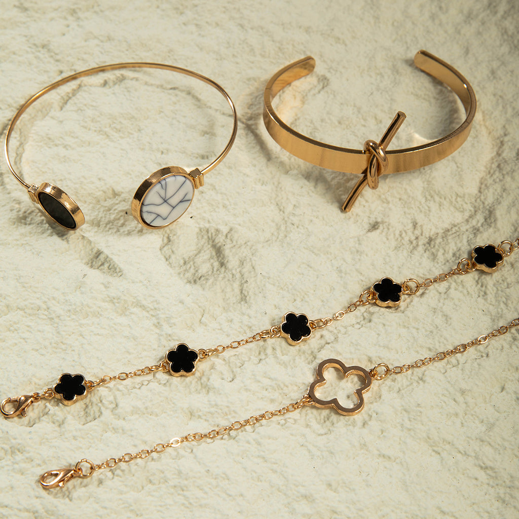 European and American Fashion Alloy Inlaid Diamond Five-Leaf Clover Bracelet Jewelry Three-Piece Set Simple Geometric Smooth Bracelet Wholesale