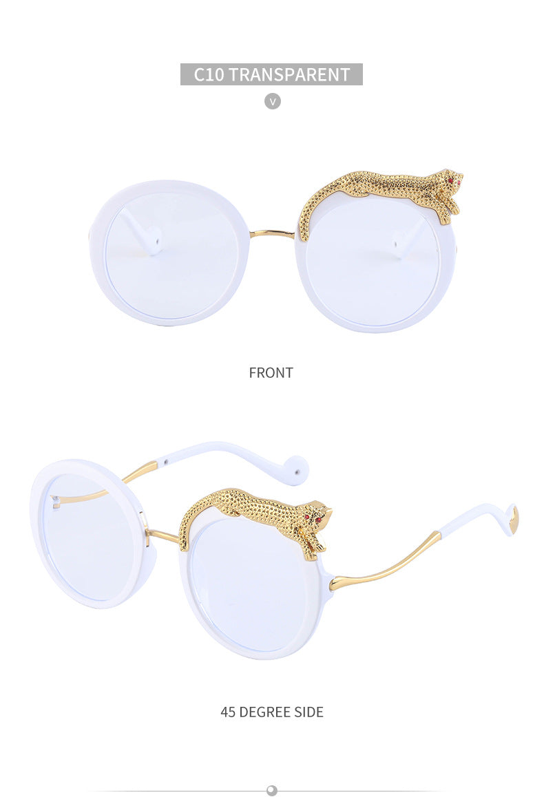 2025New Anti-Blue Light Glasses for Women Leopard Head Diamond-Studded European and American Round Frame Sunglasses Trendy Large Frame Sunglasses High-End Feel