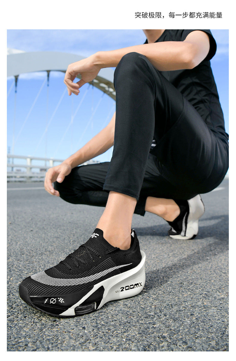 Autumn New High Elastic Double Mesh Breathable Student Training Racing Running Shoes Air Cushion Shock Absorption Full Palm Carbon Plate Sports Shoes