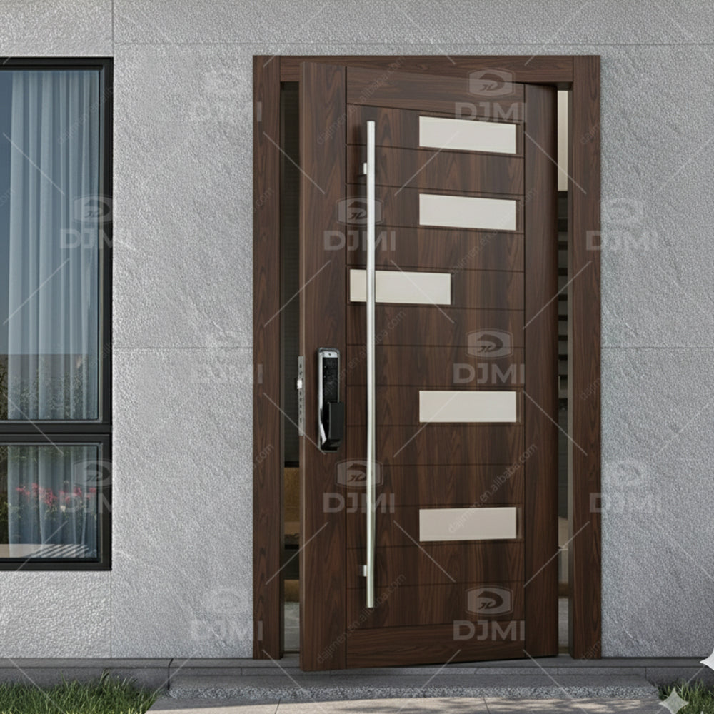 Natural Ash Solid Wood clear Lacquer 3D Irregular Surface Design Modern Front Entry Pivot Door with Long Handle and Smart Lock