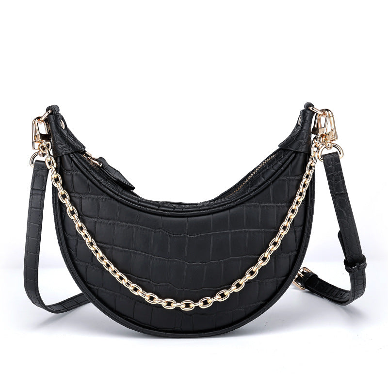 European and American Underarm Single Shoulder Bag for Women, Chain Moon Bag, Mini Fashion Women's Bag, Trendy Versatile Crocodile Pattern Light Luxury Crossbody Bag