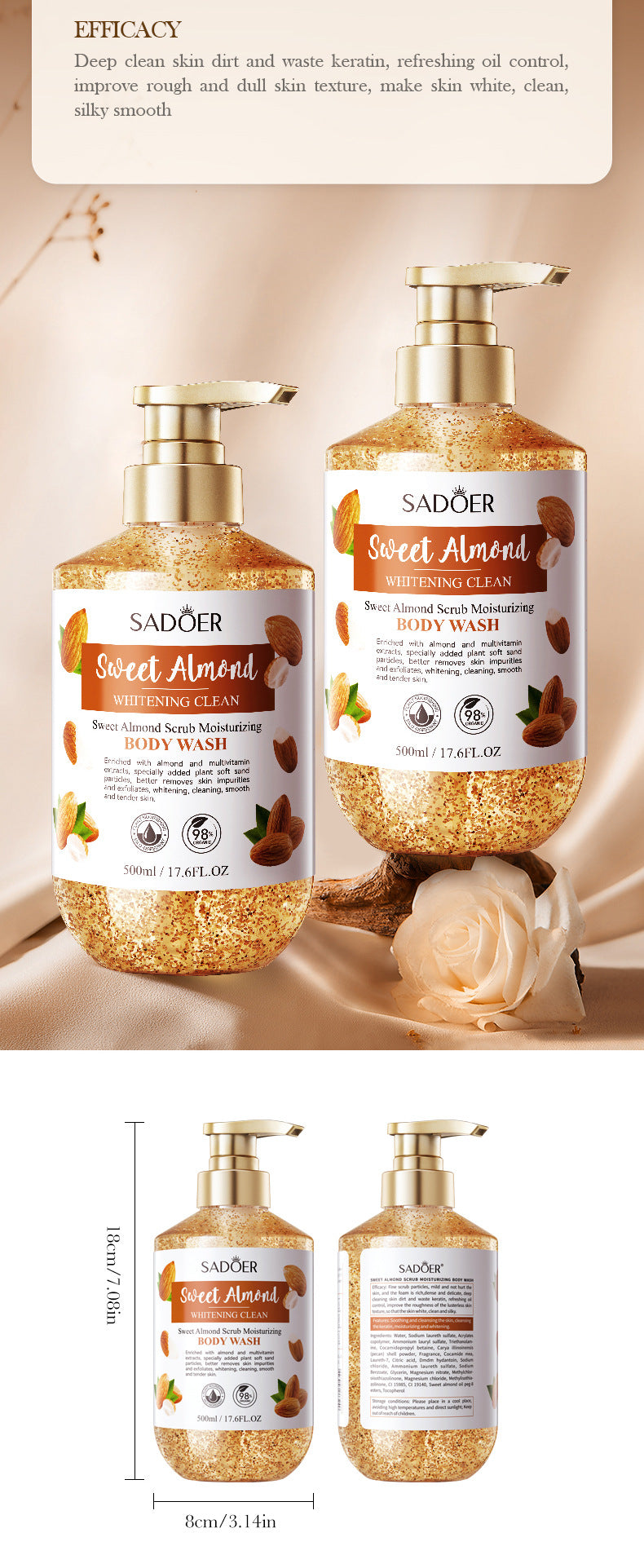Full English Sweet Almond Whitening Scrub Body Wash500ml SADOER  foreign trade wholesale of cleansing body wash