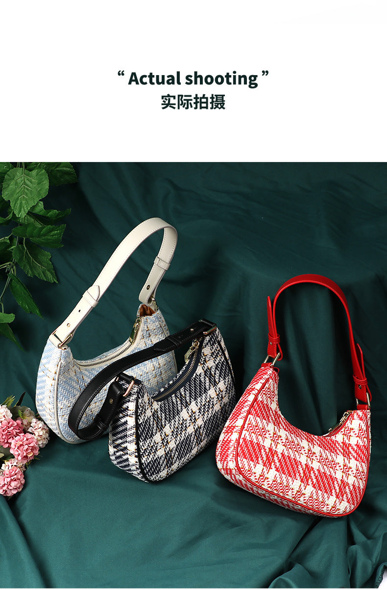 Unique Designer Trendy Women's Bag2024Summer New Fashion Versatile Plaid Crescent Underarm Handbag