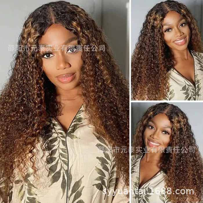 13X4 Highlight Curly Frontal Wig Honey Brown Synthetic Wigs