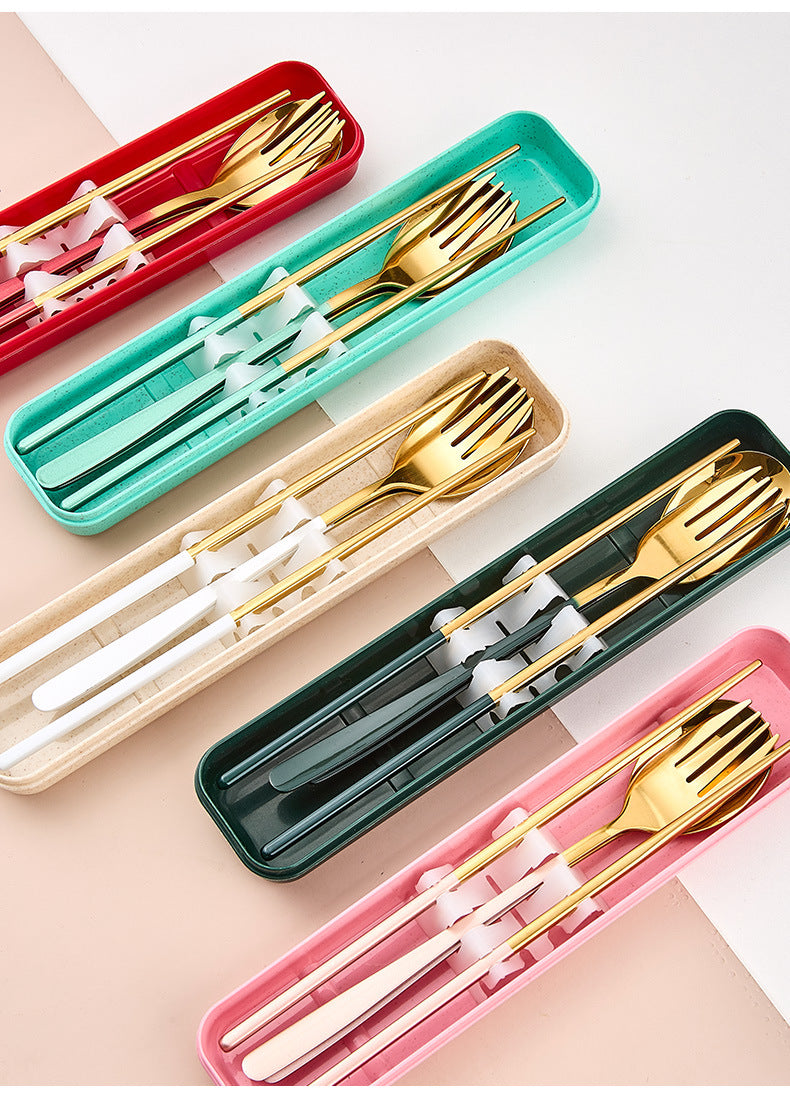 Stainless Steel Korean Portable Tableware Set Spoon Fork Chopsticks Three-Piece Set Student Travel Internet Celebrity Tableware