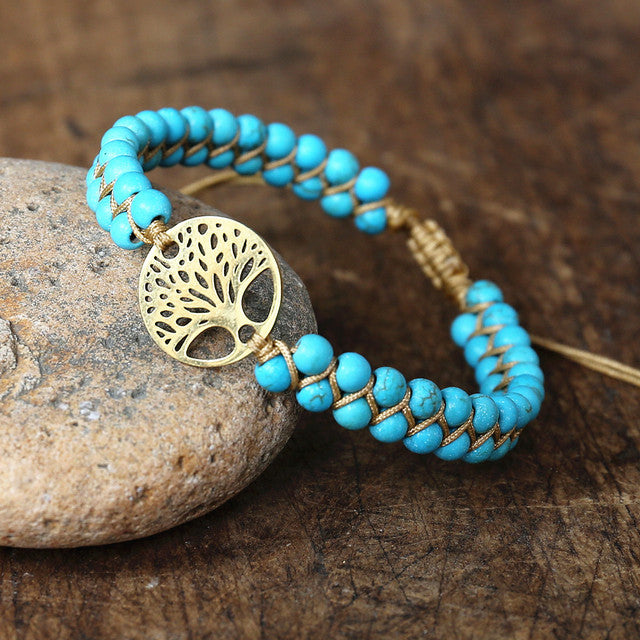 Natural Stone Woven Double Row Bracelet Adjustable Pull Bracelet Tree of Life Volcanic Stone Blue Pine Woven Double Layer Bracelet