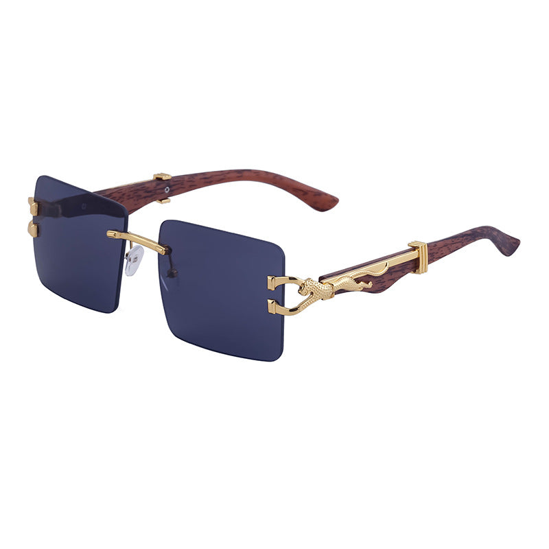 Vintage Rimless Sunglasses for Women with Leopard Wood Grain Temples, Square Frame Sunglasses for Men, Trendy Eyewear shades