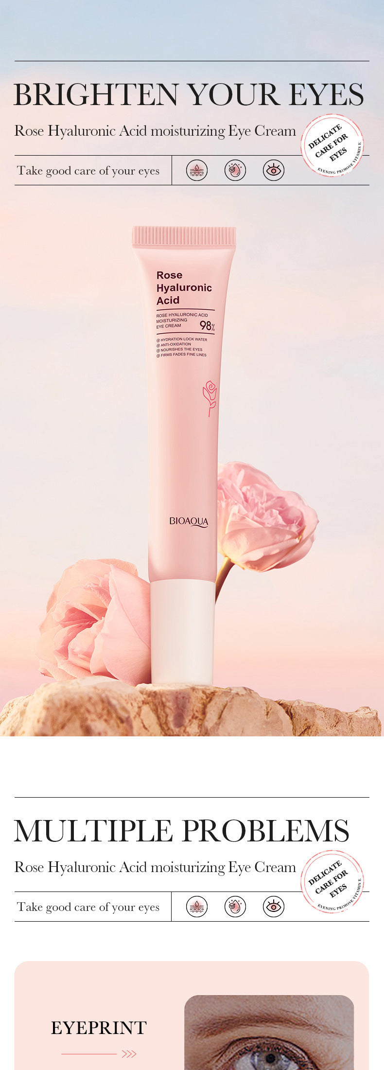 Eye Cream20gBIOAOUA Rose Rice Hyaluronic Acid Lightens Dark Circles and Eye Wrinkles Cross-Border Wholesale
