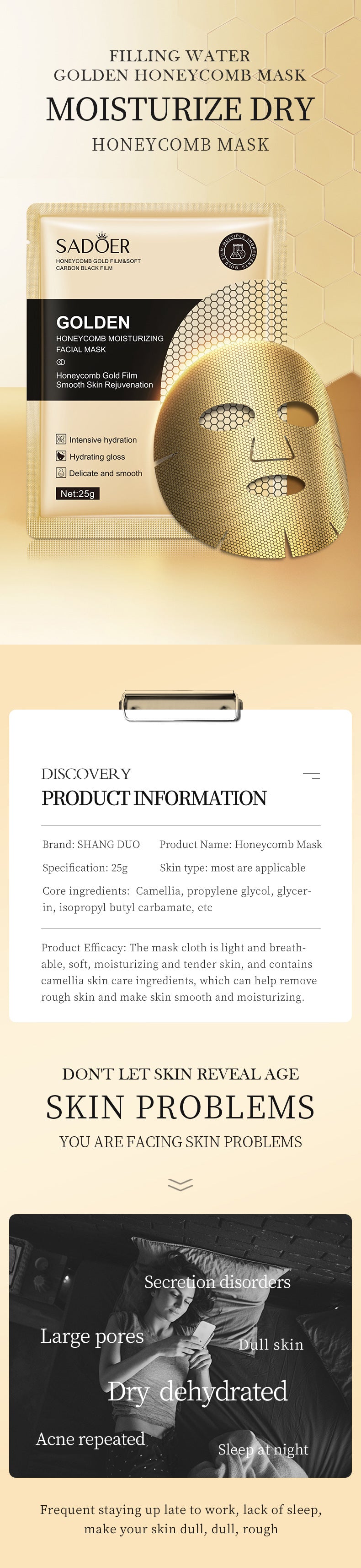 Full English Gold Mask SADOER Golden Honeycomb Mask Sheet Pack Moisture replenishment  Foreign Trade Wholesale