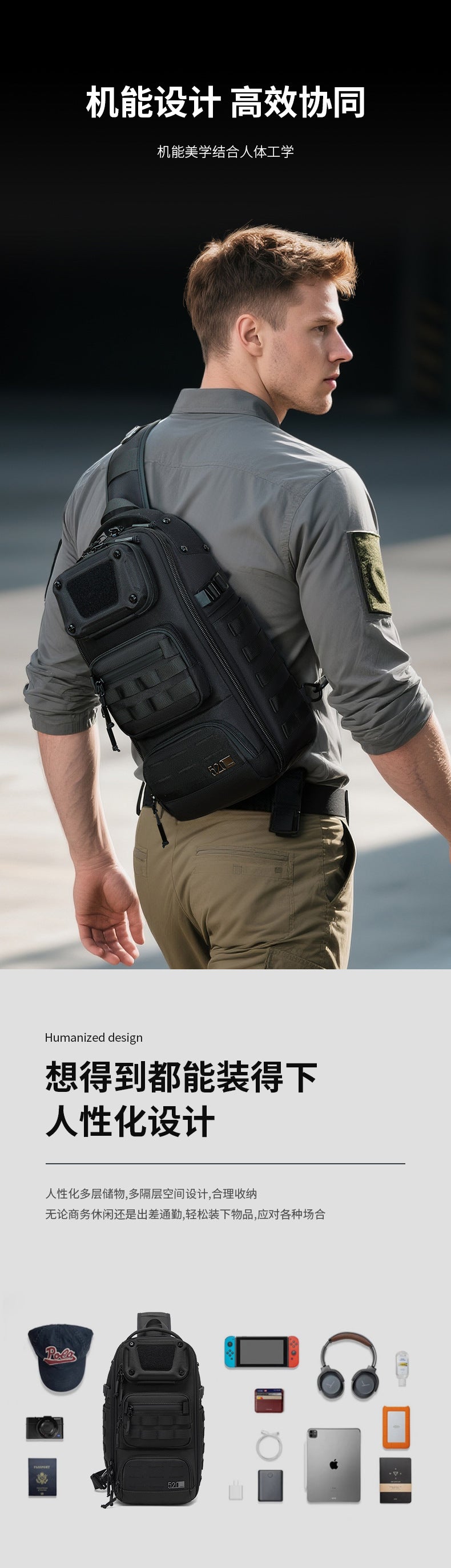 ozuko Tactical Chest Bag Men's Crossbody Bag High-end Outdoor Waterproof Multi-Function Trendy Portable Shoulder Bag