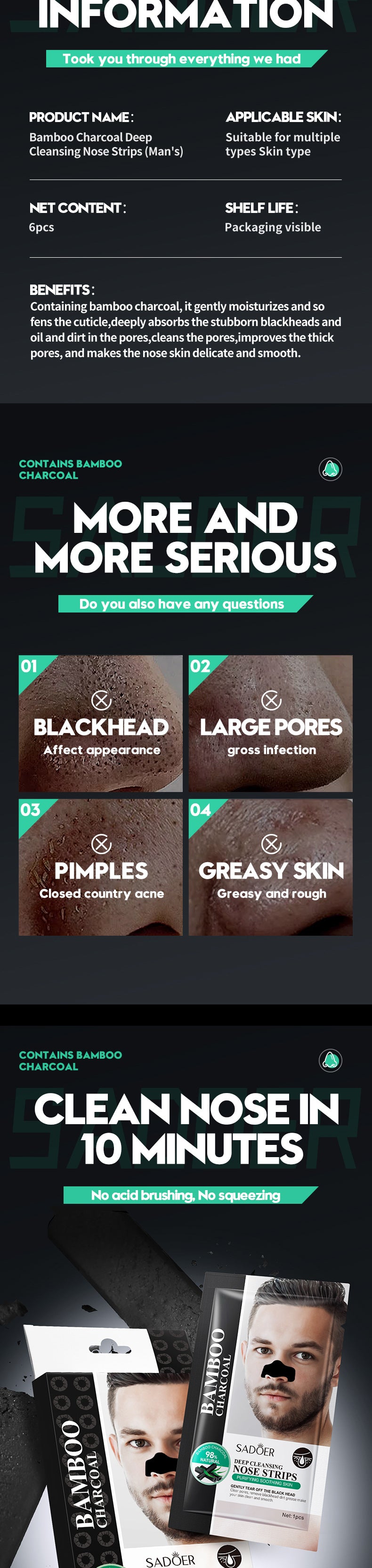 Men's Bamboo Charcoal Nose Strips SADOER Deep Cleansing for Blackhead Removal T Cross-Border Wholesale for Nursing Supplies