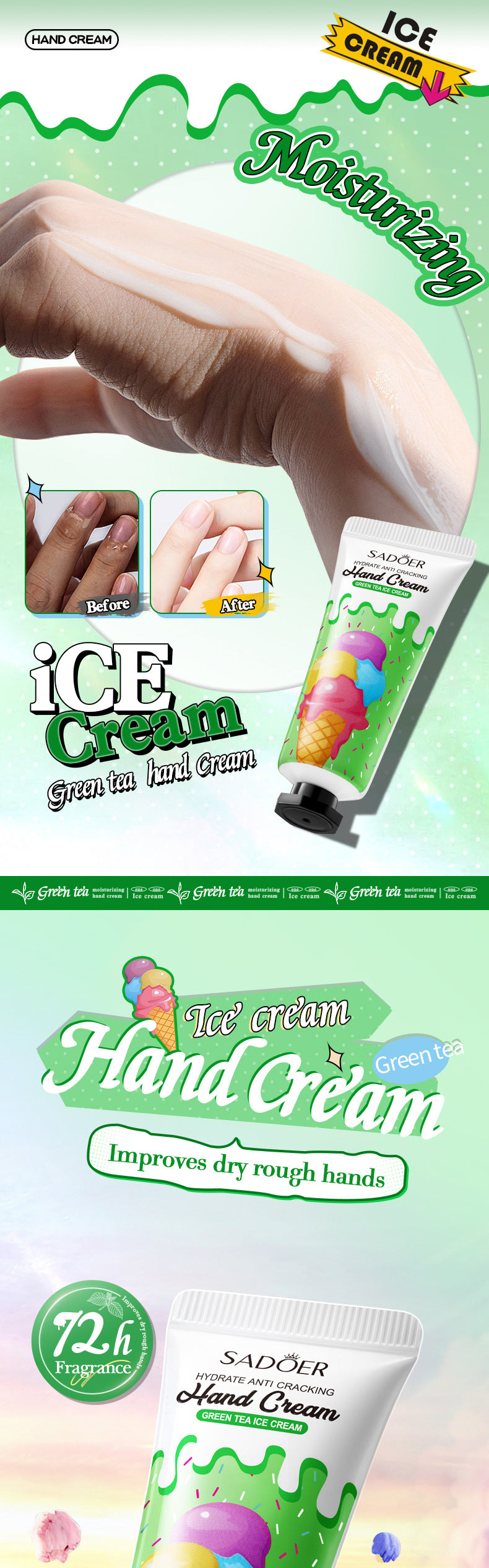 Green Tea Ice Cream Hydrating Hand Cream SADOER Autumn and winter hand cream cross-border foreign trade wholesale