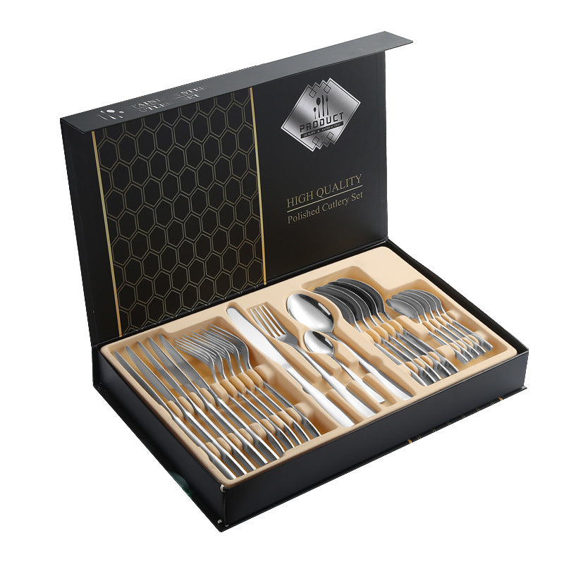 410Stainless Steel Cutlery Set Restaurant Square Handle Knife Fork Spoon24Set of Western Steak Knives and Forks