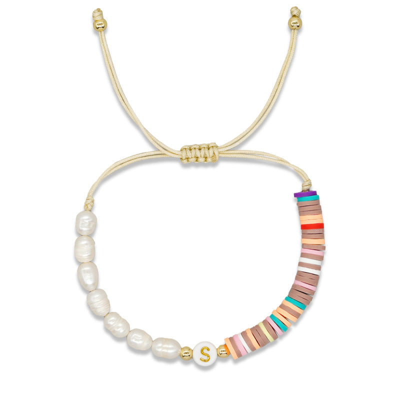 Imitation pearl26Letter Bracelet Bohemian Casual Vacation Bracelet Gold Beads Stretchable Soft Clay Woven Bracelet