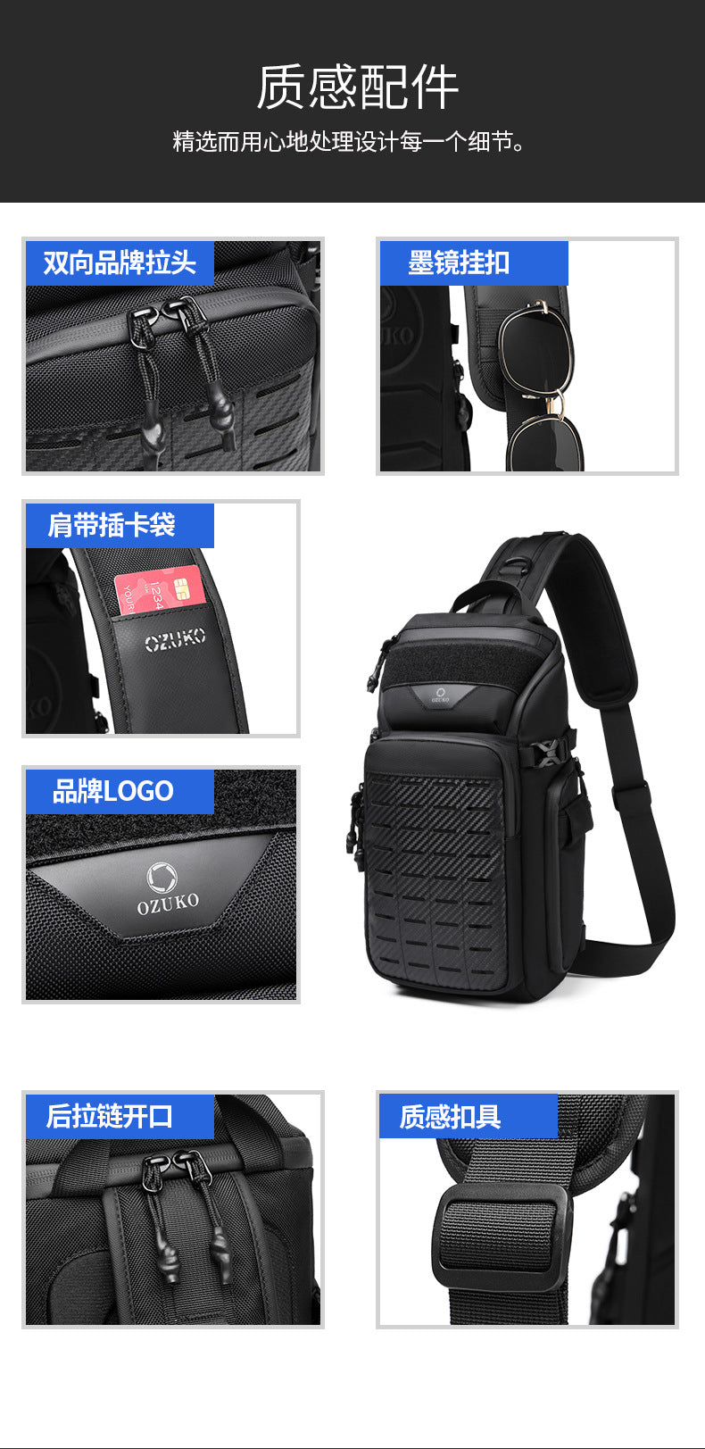 OZUKO Tactical Chest Bag Men's Crossbody Bag Waterproof Multifunctional Outdoor Portable Bag Cycling Trendy Shoulder Bag