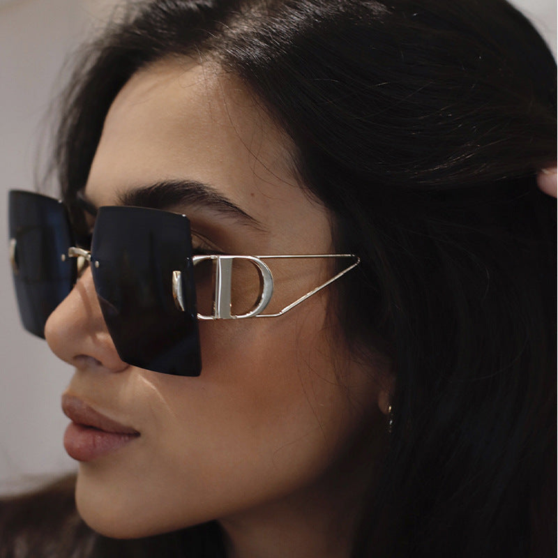 New European and American Fashion Diamond Cut Edge Rimless Sunglasses for Women Trendy Hollow Temple Large Frame Sunglasses Women's Glasses