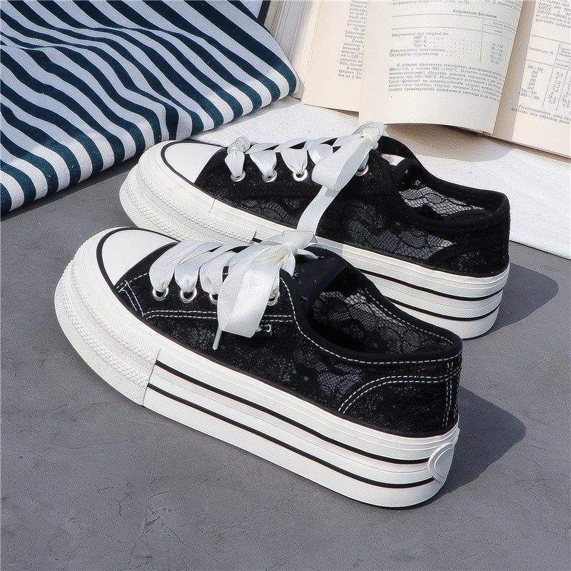 Women's White Sneakers with Breathable Mesh and Hollow Design2025Summer Versatile New Thick-Soled Casual Canvas Shoes ins