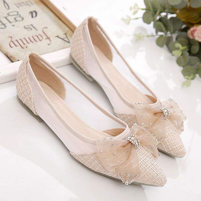 Summer Breathable Cool Single Shoes for Women, New Korean Style Evening Breeze Loafers, Bowknot Mesh Pointed Flat Shoes