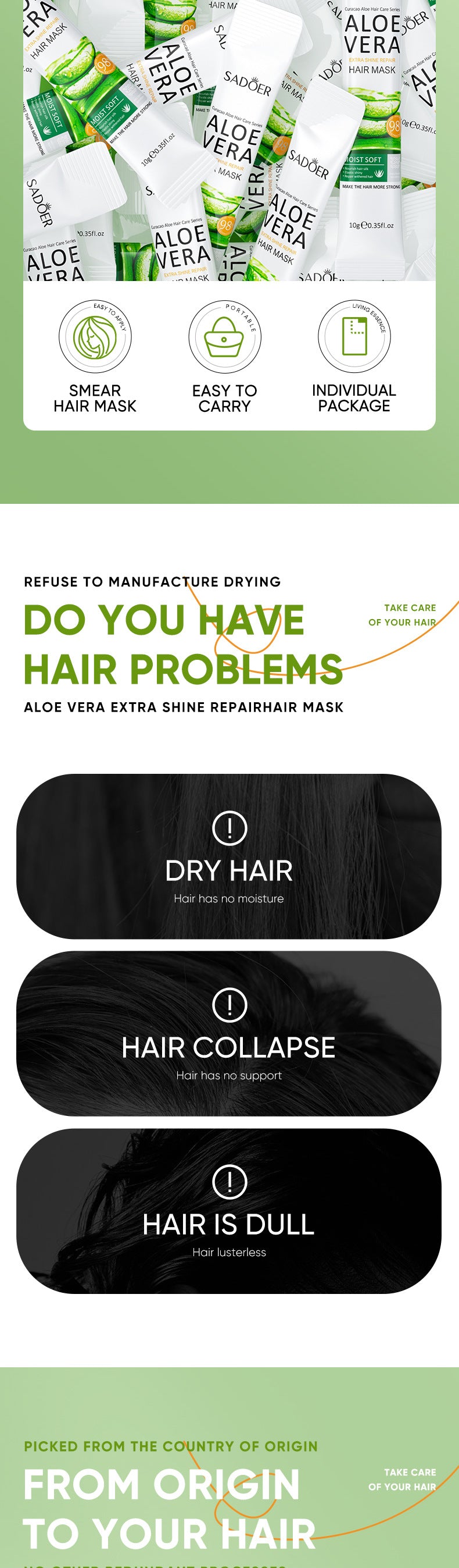 Aloe Vera Hair Mask10g SADOER Smooth and Improve Frizz Portable Cross-Border Wholesale