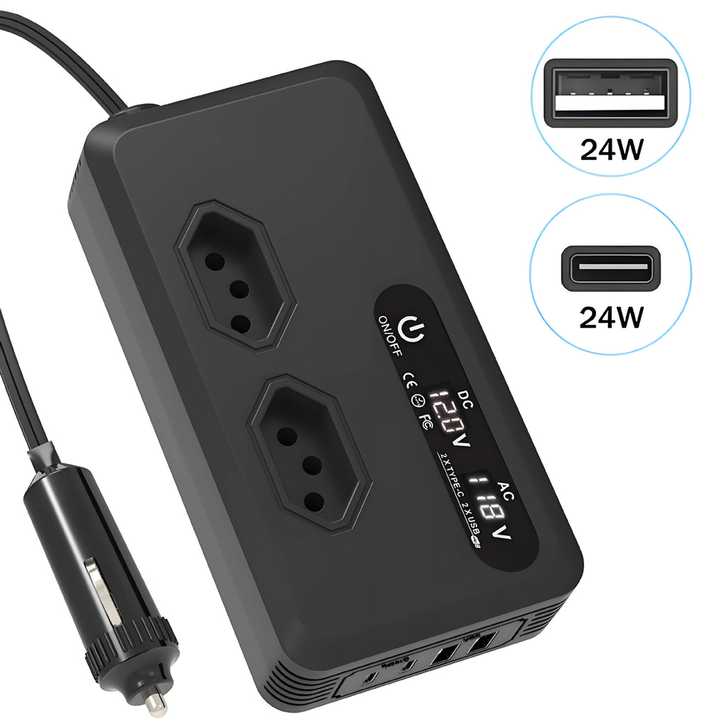 Brazilian standard socket car inverter200W Hot Sale12V Turn110V/220V Double USB Double Type-C