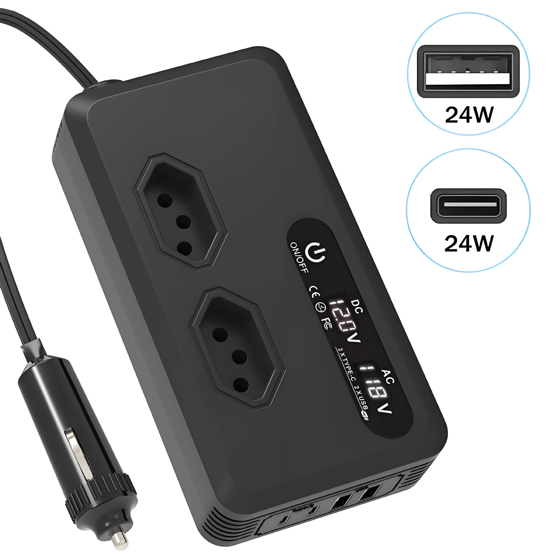 Brazilian standard socket car inverter200W Hot Sale12V Turn110V/220V Double USB Double Type-C